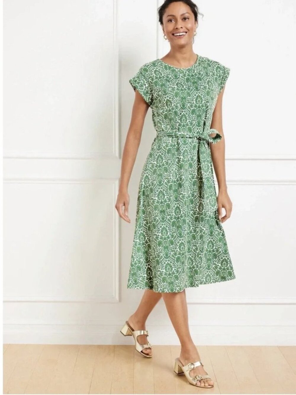 Talbots Fit & Flare Midi Dress in Green Woodland Damask Print NWOT Small Petite
